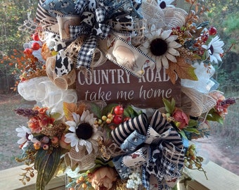 Country wreath, Cow Wreath ,Mother's Day gift, front door decor, farmhouse wreath, rustic wreath, home decor, gift for her, cabin decor