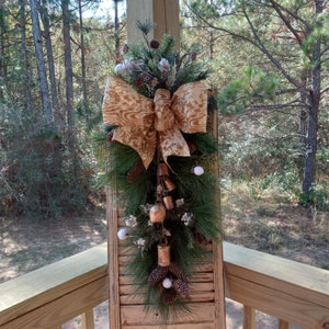 Rustic Christmas swag, rustic Christmas door decor, pine door wreath with rustic bells, faux pine wreath, rustic farm decor for porch