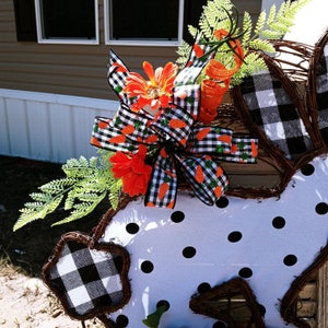 Bunny rabbit Easter wreath with wild whimsy carrots wildflowers polka dot Easter eggs and black and white farmhouse bunny on open grapevine image 4