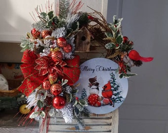 Christmas outdoor wreath with cardinal for front door, outdoor porch wreath with cardinal, Farmhouse outdoor decor for Christmas w/ cardinal