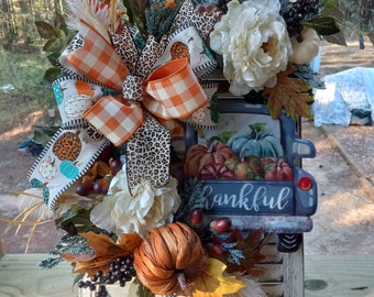 Old blue  truck fall wreath with custom bow and leopard accents