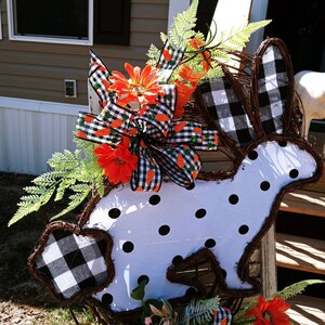 Bunny rabbit Easter wreath with wild whimsy carrots wildflowers polka dot Easter eggs and black and white farmhouse bunny on open grapevine image 2