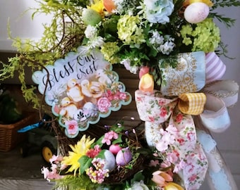 Easter wreath elegant spring or summer welcome wreath front door porch Easter decor yellow chic wreath garden style wreath wild flowers sign