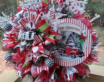 Christmas  wreath, Red Truck Christmas Door decor, Farmhouse Christmas Wreath, Christmas porch,  Country Wreath, Rustic Christmas wreath