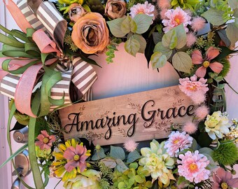 Amazing Grace Wreath for Front Door full of soft peach florals, bright greens and tapes