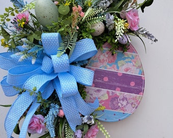 Light blue Dotted -Swiss Bow  Easter egg shabby chic wreath filled with colorful wildflower and Easter eggs