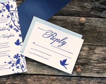 Blauwe vogel bloemen antwoordkaart 3,5 x 5