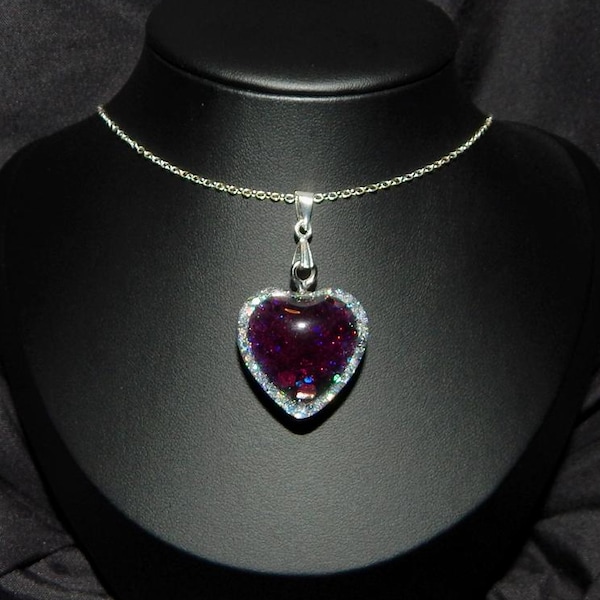 Silver & Crimson Medium Heart Necklace Crystal Resin Heart Pendant One Of A Kind