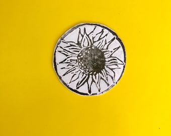 Hand-Carved Lino Print Sunflower Sticker, Botanical Decal (Glossy Finish)