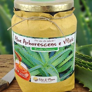 Op de afbeelding: Een glazen pot met een bruin papieren etiket waarop "Aloe Arborescens e Miele Ricetta Classica" staat. De pot is vastgebonden met touw en heeft een gouden deksel. Het etiket toont ook een groene aloë vera-plant en een klein beeld van honing die van een honinglepeltje druppelt. De pot staat op een houten oppervlak.