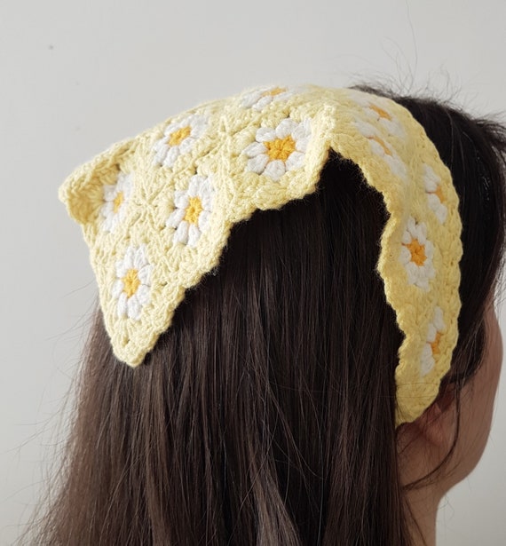 Boho Daisy Floral Crochet Handkerchief Headband Daisy Baby Blue Crochet Bandana, Flower Hair Kerchief, Boho  main image 3