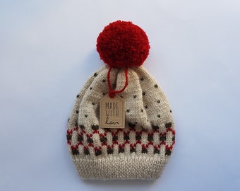 Bommelmütze für Baby, Kinder, Jugendliche, Erwachsene / Handgestrickte rote Beanie mit rotem Pom, warme Mütze, Frauen Strickmütze, Herren Wollmütze für kaltes Wetter