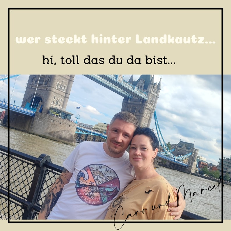 May include: A couple poses in front of Tower Bridge in London, England. The man is wearing a white t-shirt with a graphic design that says "In My Element". The woman is wearing a beige shirt. The text "Caro und Marcel" is written in cursive on the bottom right of the image.