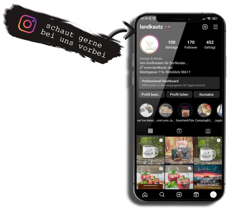May include: A screenshot of a mobile phone displaying an Instagram profile for a business called "landkautz". The profile has 100 posts, 170 followers, and 452 people following the account. The profile description reads "Design & Mode Von Dorfkindern f&uuml;r Dorfkinder... www.landkautz.de/ Marktgasse 116, Rh&ouml;nblick 98617". The profile also includes a "Professional-Dashboard" section and buttons for "Profil bear...", "Profil teilen", and "Kontakte".