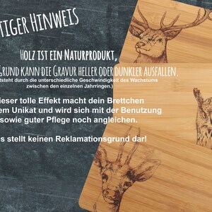 May include: Three rectangular bamboo cutting boards featuring laser-engraved animal illustrations of a deer, an owl, and a roe deer. The image includes German text explaining that wood is a natural product and engraving variations are normal.