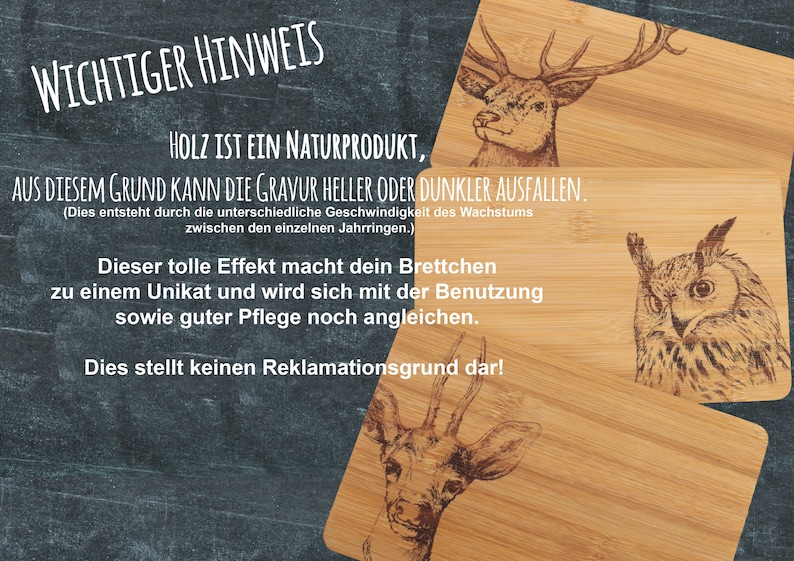 May include: Three rectangular bamboo cutting boards featuring laser-engraved animal illustrations of a deer, an owl, and a roe deer. The image includes German text explaining that wood is a natural product and engraving variations are normal.