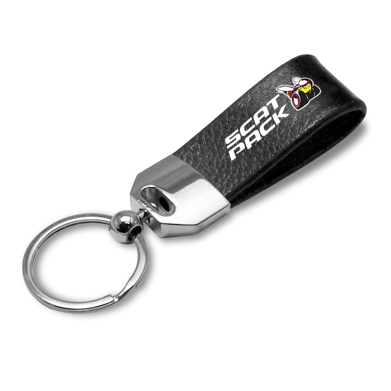 iPick Image for Dodge Scat-Pack Black Real Leather Loop Strap Chrome Metal Key Chain, Official Licensed image 1