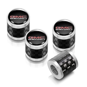 GMC Denali Nameplate in Black on Real Carbon Fiber Barrel Silver Aluminum Tire Valve Stem Caps, Licensed!