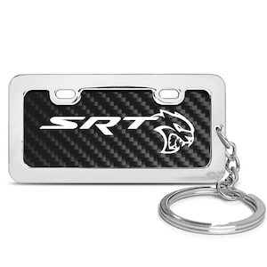 iPick Image for Dodge SRT Hellcat Black Real Carbon Fiber Mini Chrome Metal License Frame Style Key Chain, Official Licensed