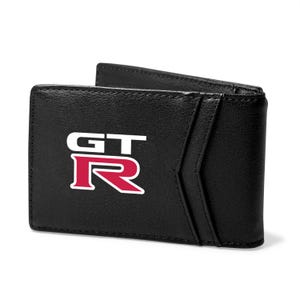 Imagen de iPick creada para la billetera plegable delgada de cuero sintético negro con logotipo de Nissan GT-R, resistente a RFID, para hombre, con licencia oficial