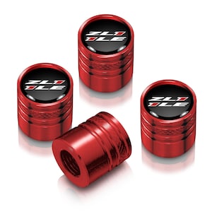 Chevrolet Camaro ZL1-1LE Logo in Black on Red Cylinder-Style Premium Anodized Aluminum Tire Valve Stem Caps - Set of 4, Licensed!