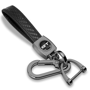 iPick Image for Ford Mustang GT Logo in Black on Real Carbon Fiber Loop-Strap Dark Gunmetal Hook Key Chain, Official Licensed