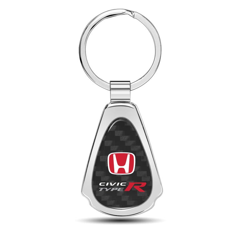 iPick Image for Honda Red Logo Civic Type-R Real Carbon Fiber Chrome Metal Teardrop Key Chain, Official Licensed image 1