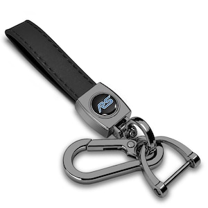 iPick Image for Ford Focus RS Logo in Black on Black Leather Loop-Strap Dark Gunmetal Hook Key Chain, Official Licensed