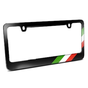 Italy Flag Off-center in Sports Racing Stripe Black Metal License Plate Frame, Licensed!