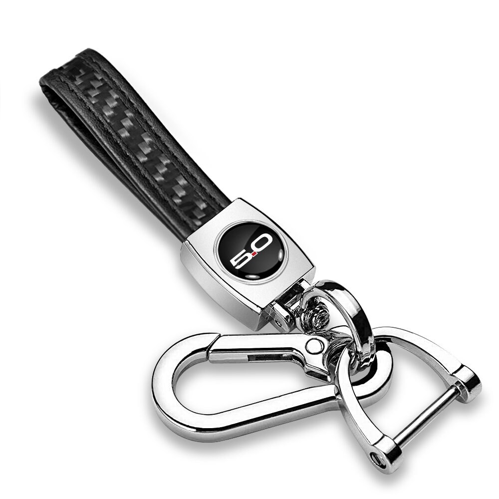 Ford Mustang 5.0 Real Carbon Fiber Leather Key Chain with Red White Blue Stripe Ford Mustang 5.0 Real Carbon Fiber Leather Key Chain with Red White Blue Stripe