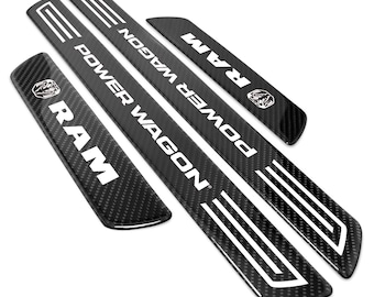 RAM Power Wagon X-Large Black Real Carbon Fiber 4 Pcs Universal Door Sill Step Protector Guard Decal Plates, Licensed!