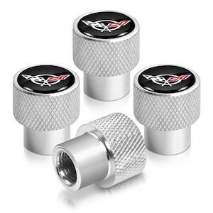 iPick Image for Chevrolet Corvette C5 Logo Black on Shining Silver Easy-Grip Premium Aluminum Tire Valve Stem Caps, Official Licensed