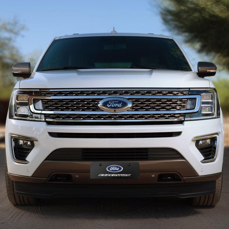 Placa de matrícula de acero inoxidable negra de tamaño medio con diseño europeo de 12" x 4.25" de iPick Image para Ford Expediti3D Logo, con licencia oficial. imagen 4