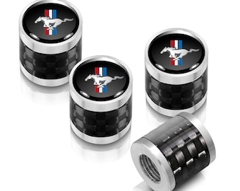 Ford Mustang Tri-Bar in Black on Real Carbon Fiber Barrel Silver Aluminum Tire Valve Stem Caps, Licensed!