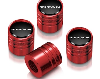 iPick Image for Nissan Titan in Black on Red Cylinder-Style Premium Anodized Aluminum Tire Valve Stem Caps - Set of 4, Official Licensed
