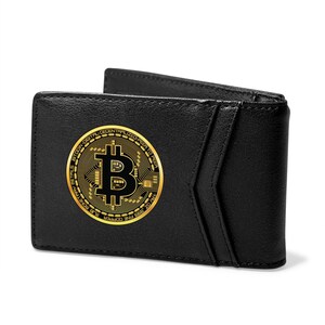 Imagen de iPick creada para Bitcoin Cartera delgada de cuero sintético negro con dos pliegues y resistente a RFID para hombre, con licencia oficial