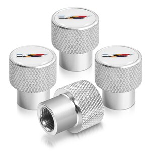iPick Image for Cadillac V Logo in White on Shining Silver Easy-Grip Premium Aluminum Tire Valve Stem Caps, Official Licensed image 1