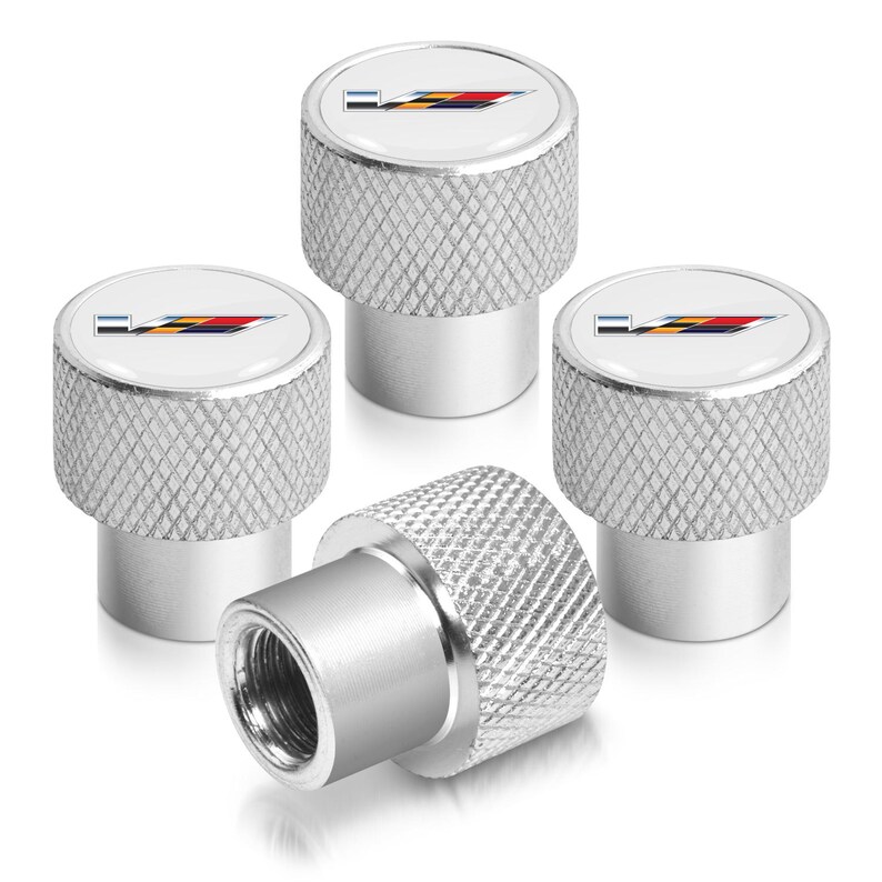 iPick Image for Cadillac V Logo in White on Shining Silver Easy-Grip Premium Aluminum Tire Valve Stem Caps, Official Licensed image 1