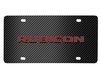 iPick Image made for Jeep Rubicon 3D Logo Red Edge Black Carbon Fiber Patten Steel License Plate, Official Licensed