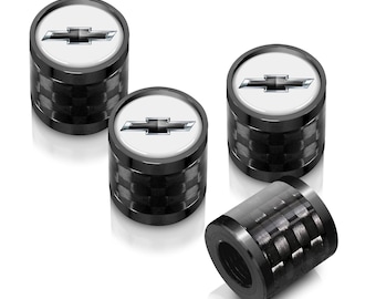 iPick Image for Chevrolet Black Logo in White on Real Carbon Fiber Barrel Black Aluminum Tire Valve Stem Caps, Official Licensed