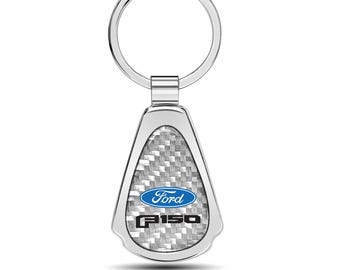 iPick Image for Ford F-150 2015 up Real Silver Dome Carbon Fiber Chrome Metal Teardrop Key Chain, Official Licensed