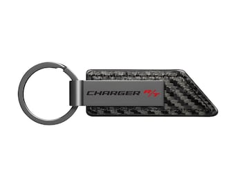 Dodge Charger R/T PU Leather Carbon Fiber Texture Strap Black Metal Bar Key Chain, Licensed!