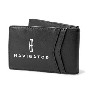 Imagen de iPick creada para Lincoln Navigator Cartera de cuero sintético negro delgada, resistente a RFID, de dos pliegues, para hombre, con licencia oficial