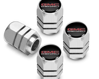 GMC Denali Nameplate in Black on Silver Hexagon Shape Aluminum Tire Valve Stem Caps, Licensed!