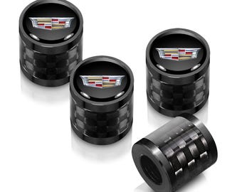Cadillac Crest Logo in Black on Real Carbon Fiber Barrel Black Aluminum Tire Valve Stem Caps, Licensed!