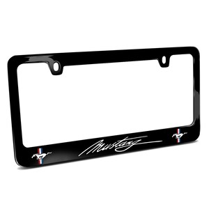 iPick Image for Ford Mustang Script Dual Logos UV-LED Printed American-Made Black Metal License Plate Frame, Official Licensed