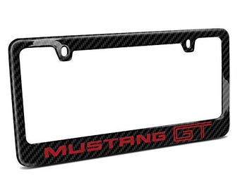 iPick Image for Ford Mustang GT in Red Black Real 3K Carbon Fiber Glossy Finish License Plate Frame, Official Licensed