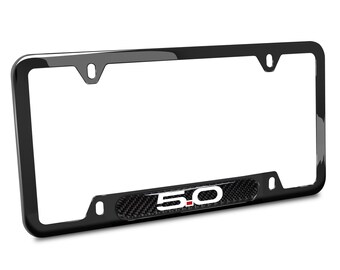 iPick Image for Ford Mustang 5.0 Real Carbon Fiber Insert Black Stainless Steel License Plate Frame, Official Licensed