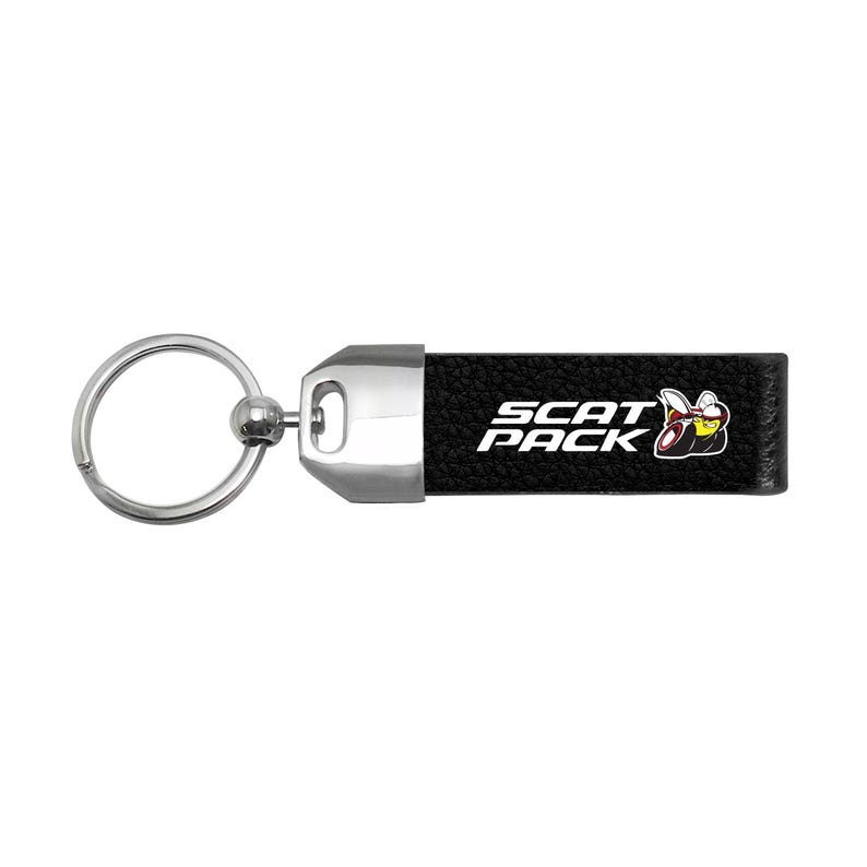 iPick Image for Dodge Scat-Pack Black Real Leather Loop Strap Chrome Metal Key Chain, Official Licensed image 2
