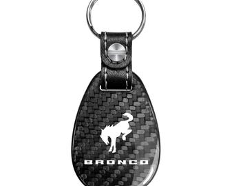 iPick Image for Ford Bronco Real Black Carbon Fiber with Leather Strap Large Tear Drop Key Chain, Official Licensed